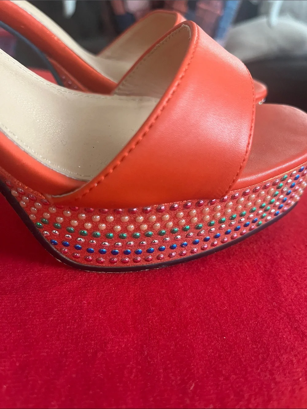 Rouge Helium Coral-Orange Rhinestone Platform Slingbacks